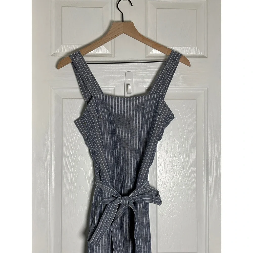 Quince Linen Wide Leg Jumpsuit Blue White Pinstripe Sleeveless Belted XS New